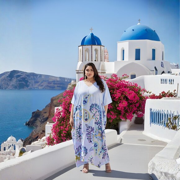 Women Plus Size Fit and Flare Paisley Printed White Kaftan Dress by Gypsie Blu - Picture 1 of 8